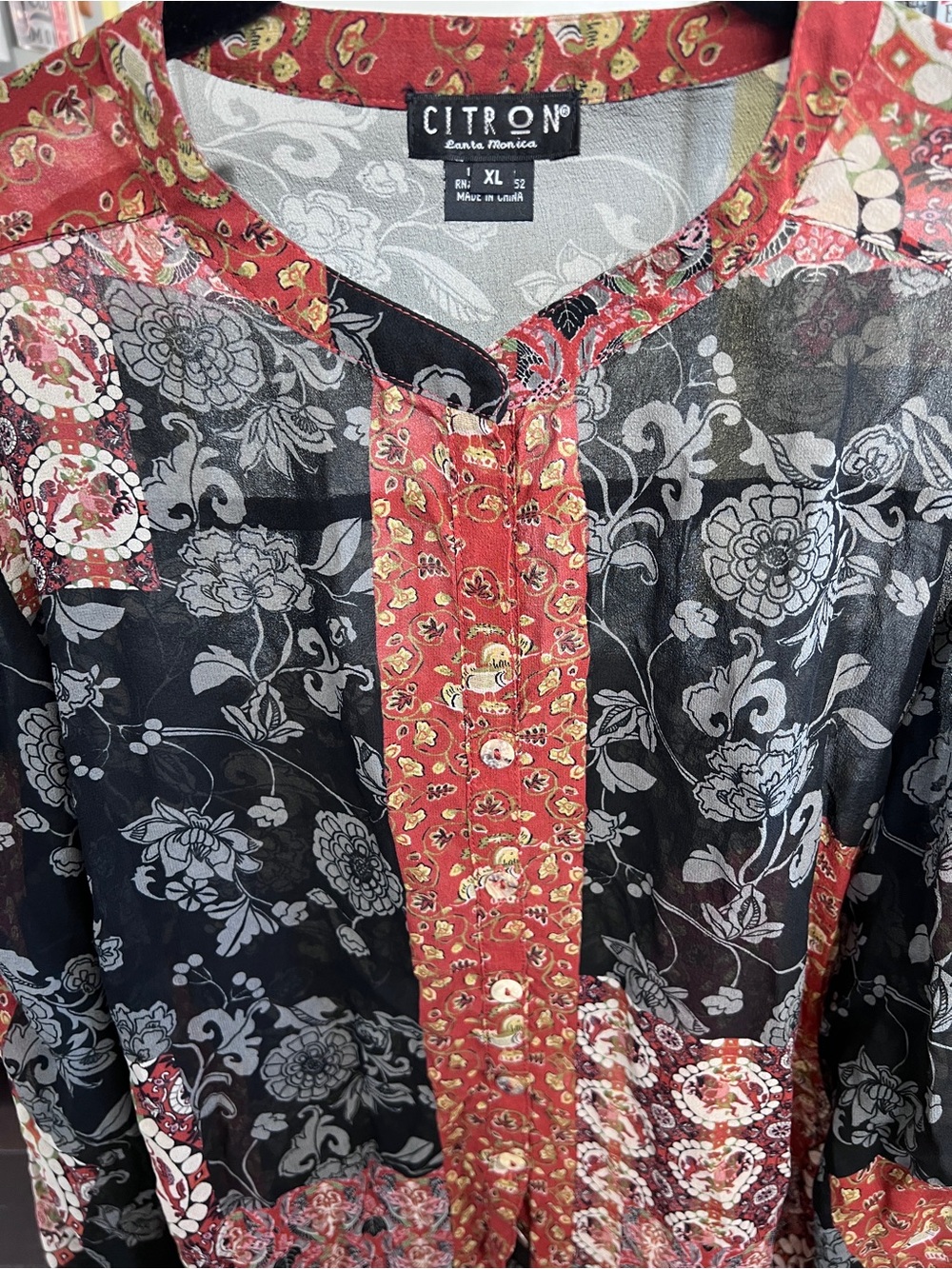 Citron Sheer Floral Button-Up Blouse in Black and Red